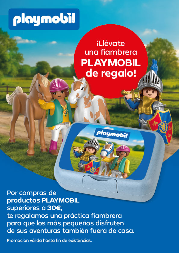 ¡Llévate una fiambrera PLAYMOBIL de regalo! Por compras de productos PLAYMOBIL superiores a 30€, te regalamos una práctica fiambrera para que los más pequeños disfruten de sus aventuras también fuera de casa. Promoción válida hasta fin de existencias.